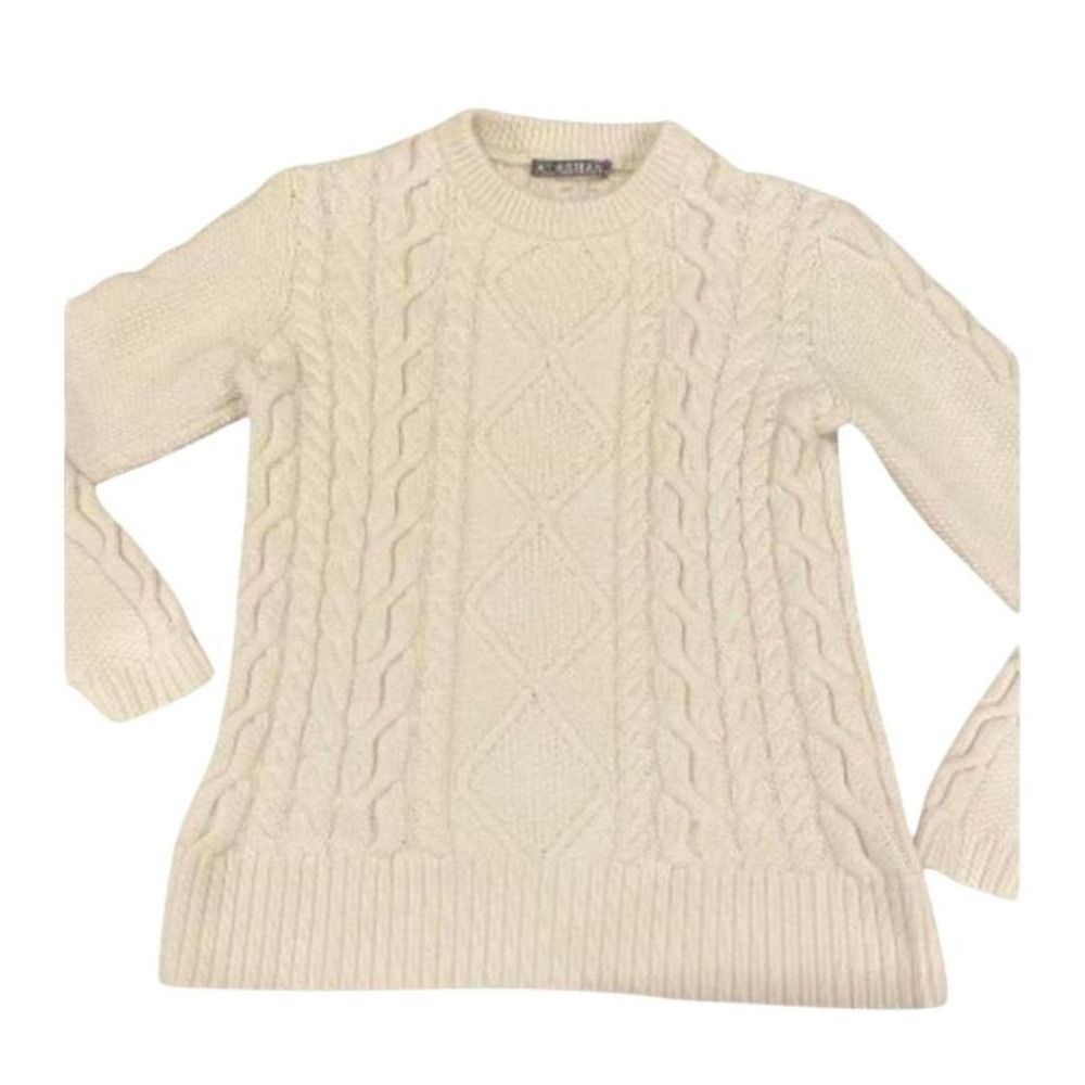 ALASHAN White Cable Knit Sweater Cotton Cashmere Crew Neck Women's